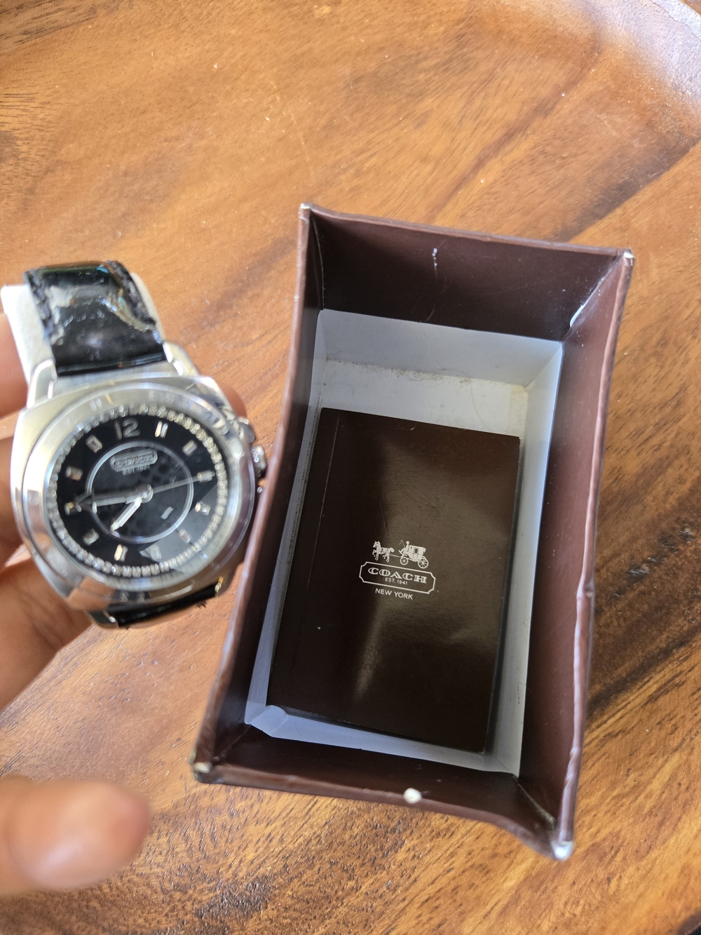 Vintage Coach Black Leather Strap Watch with Silver Dial